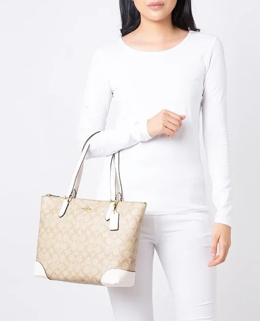 Bags,Leather Coach leather Zip Top Tote In Signature Canvas White F29208 Coach