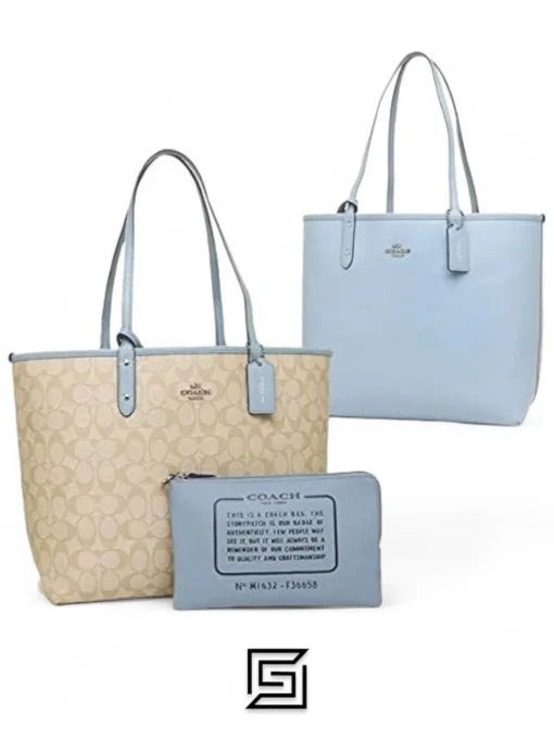 Bags,Leather Coach leather DOUBLE FACE Reversible City Tote In Signature Canvas Style No. F36658 BLUE Coach