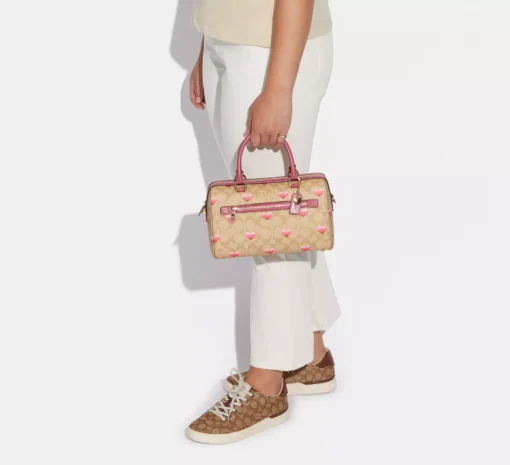 Bags,Leather Coach leather Rowan Satchel Bag In Signature Canvas With Stripe Heart Print Style No. CA248 Coach