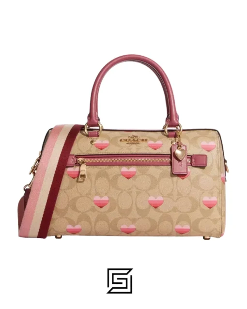 Bags,Leather Coach leather Rowan Satchel Bag In Signature Canvas With Stripe Heart Print Style No. CA248 Coach