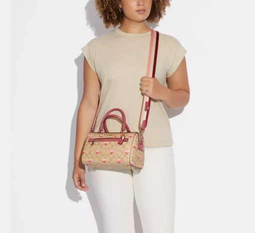 Bags,Leather Coach leather Rowan Satchel Bag In Signature Canvas With Stripe Heart Print Style No. CA248 Coach